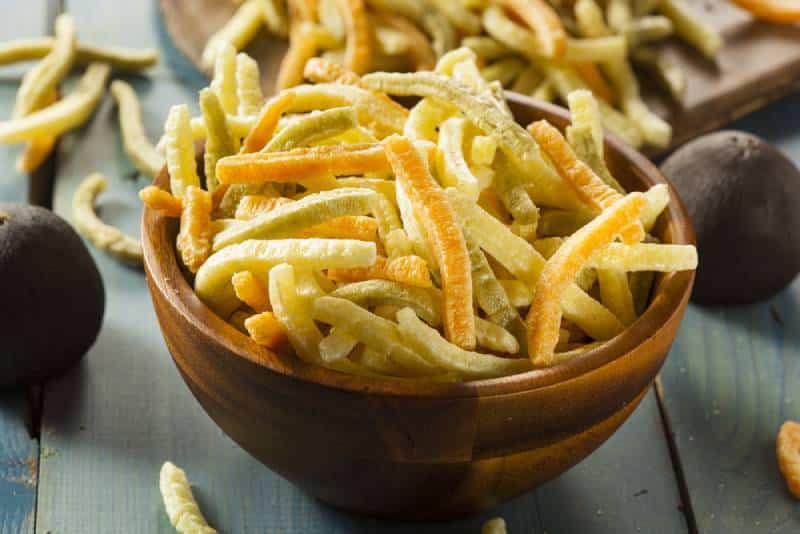 veggie straws in a wooden bowl